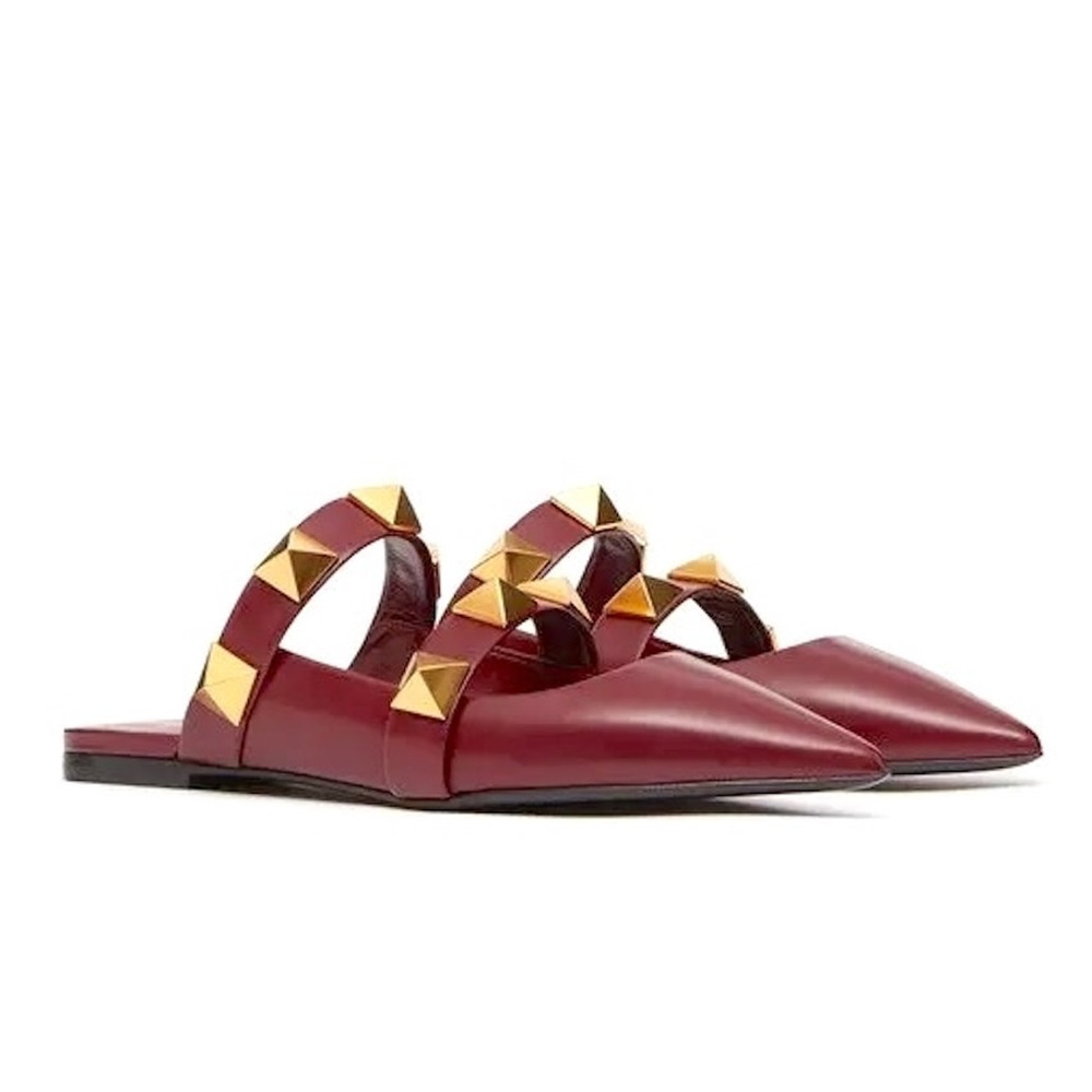 Valentino Garavani Burgundy Roman Stud Flat Leather Mules Gold 42 - Picture 2 of 7